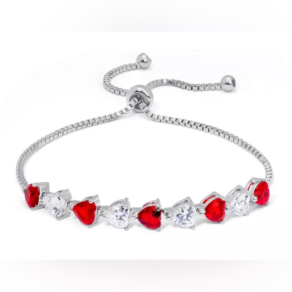 Silver Plate Simulated Ruby And Cubic Zirconia Heart Adjustable Bolo Bracelet - Picture 1 of 5